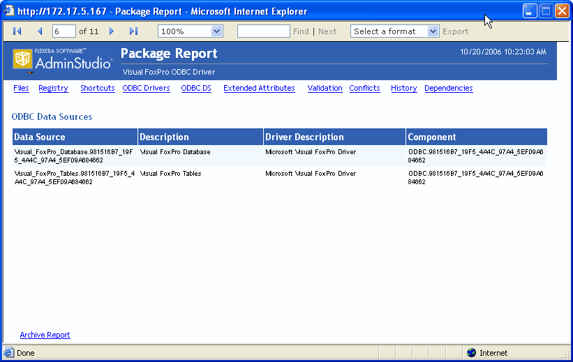 Package Report / ODBC Data Sources View